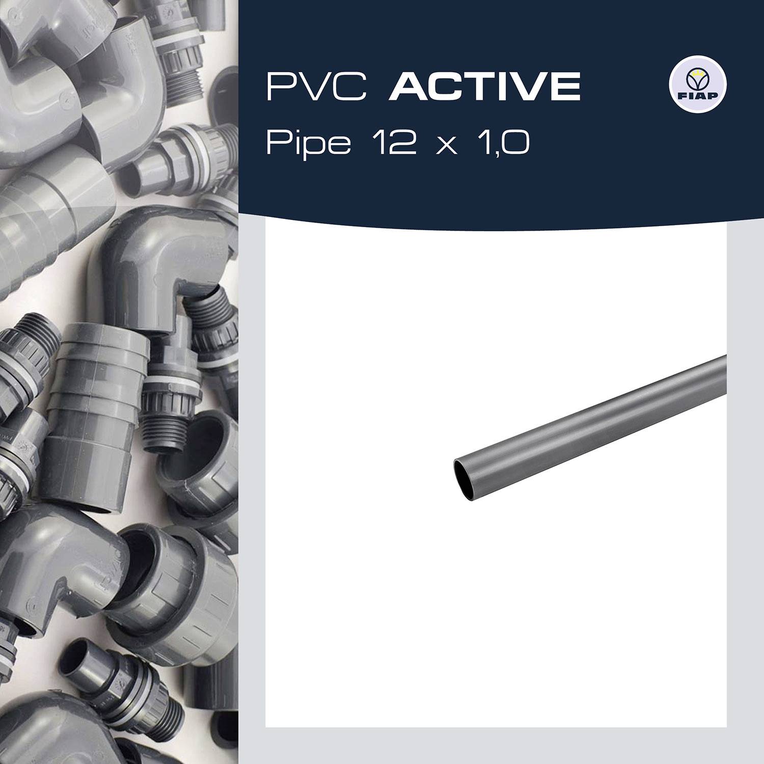 'PVC ACTIVE Cev 12 x 1,0' je prikazana v tehnični risbi, obdana s sivimi PVC priključki in logotipom FIAP.