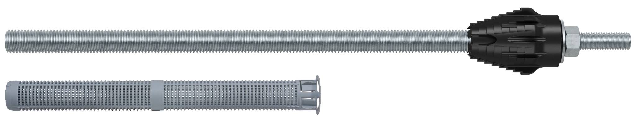 Prikazana sta dve dolgi naviti palici, ena s črno nastavljalno ročico pritrjeno na desnem koncu in ena luknjasta siva palica spodaj.