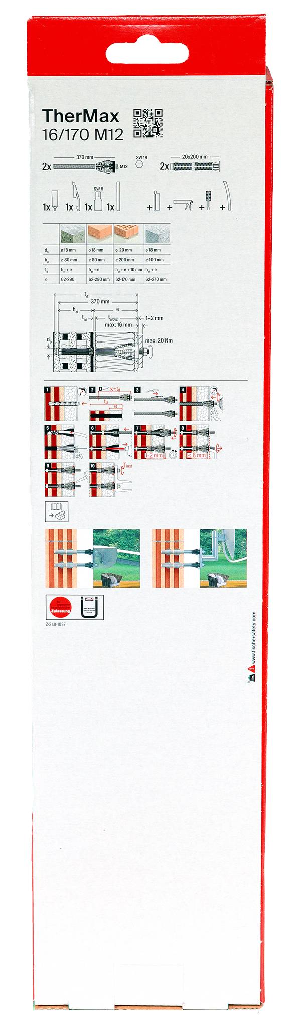 TherMax 16/170 M12 embalaža s tehničnimi montažnimi diagrami in meritvami za sistem kotvalitve v zidatem materialu.