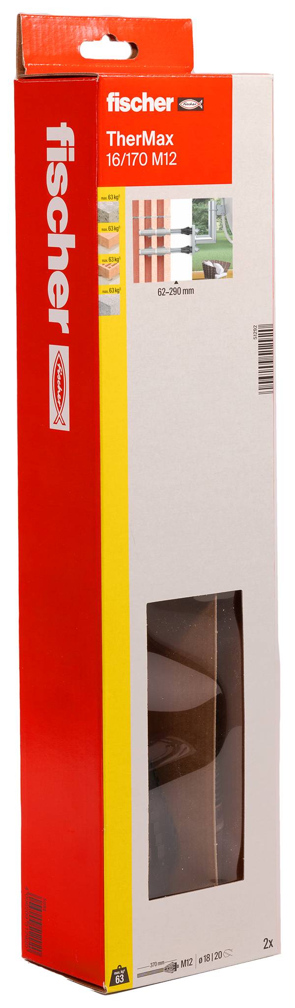 Škatla za pakiranje za fischer TherMax 16/170 M12 stenski montažni material, oranžne in rdeče barve z izrezanim oknom, ki prikazuje vsebino.