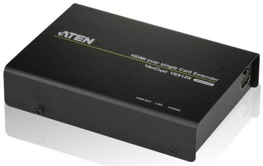 Črni HDMI podaljšek prek Cat5, označen z 'ATEN', 'HDMI preko posameznega Cat5 podaljška', modelna številka VE812R.