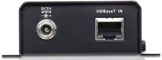 Črna škatla z DC5V priključkom levo in HDBaseT vhodom desno, verjetno elektronska naprava za omrežne aplikacije.
