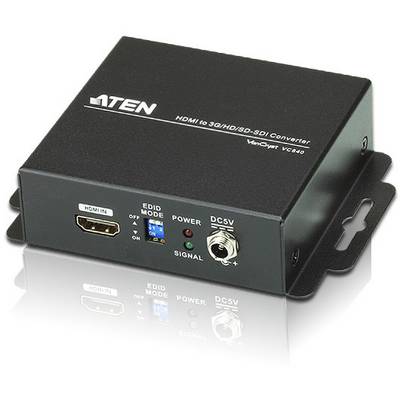 Črni HDMI v 3G/HD/SD-SDI pretvornik z HDMI vhodom, LED indikatorji za napajanje in signal, DC 5V priključek na sprednji strani.