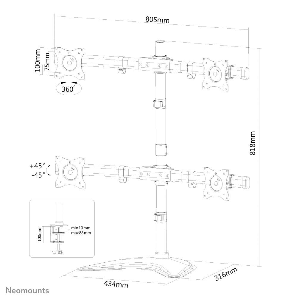 Skica nosilca za monitor: Štirikratni nosilec, nastavljiv (+/-45° nagib, 360° rotacija), mere: 805 mm širina, 818 mm višina.
