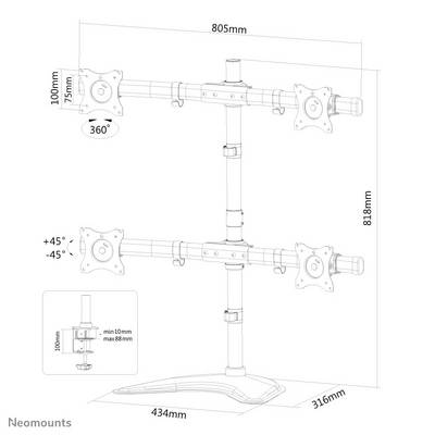 Skica nosilca za monitor: Štirikratni nosilec, nastavljiv (+/-45° nagib, 360° rotacija), mere: 805 mm širina, 818 mm višina.