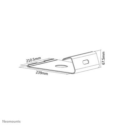 Skica stojala za monitor 'Neomounts' z dimenzijami: dolžina 239 mm, širina 210,5 mm, višina 67,5 mm.