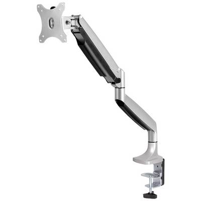 Kovinski nosilec za monitor z nastavljivo roko in sponko za pritrditev na mizo, primeren za ergonomsko postavitev zaslona.