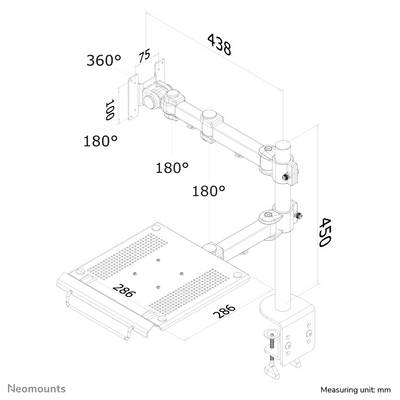 'Tehnična risba nosilca za monitor z odlagališčem za tipkovnico. Mere: monitor 438x450 mm, odlagališče 286 mm. Nastavljivost kota: monitor 360°, odlagališče 180°.'