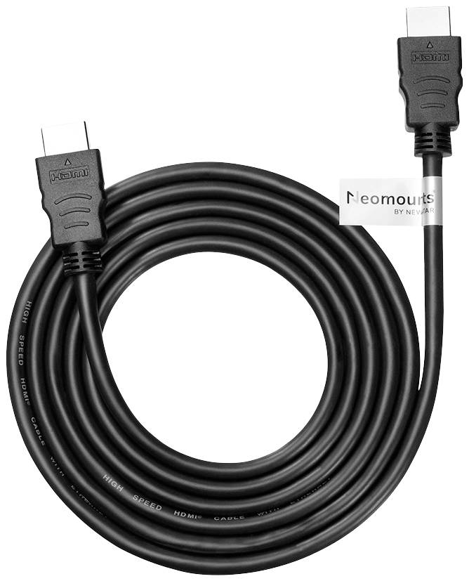 Črni HDMI-kabel, zvit, z 2 priključkoma, primeren za visokokakovostne video in avdio povezave, blagovna znamka 'Neomounts'.
