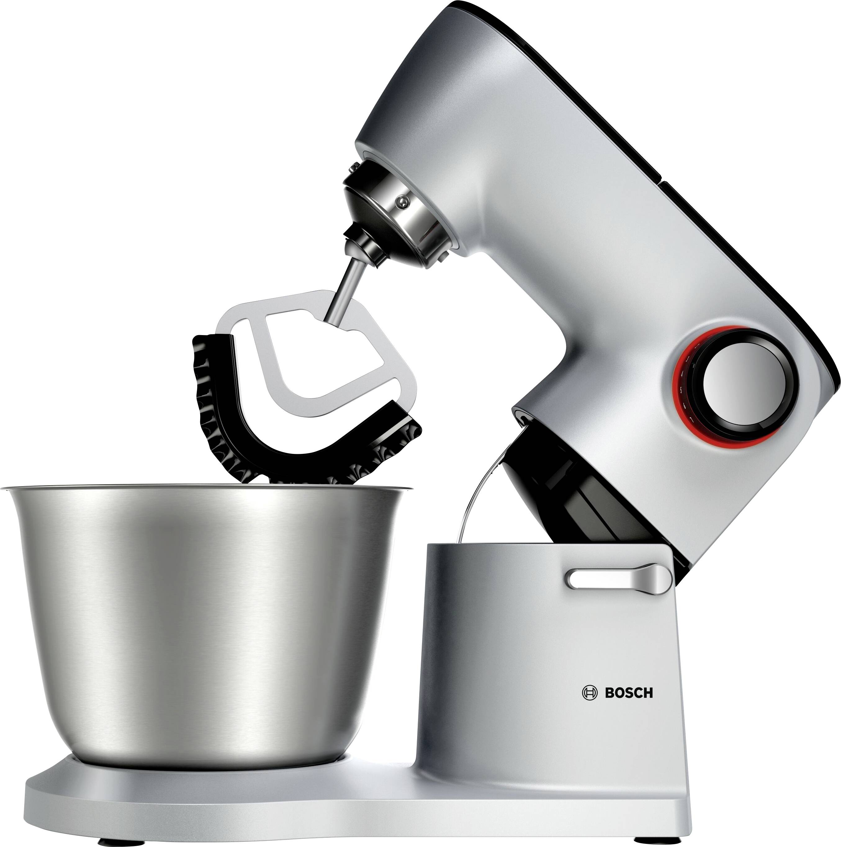 Srebrni kuhinjski robot z metlico in veliko kovinsko posodo, primeren za mešanje in gnetenje testa.