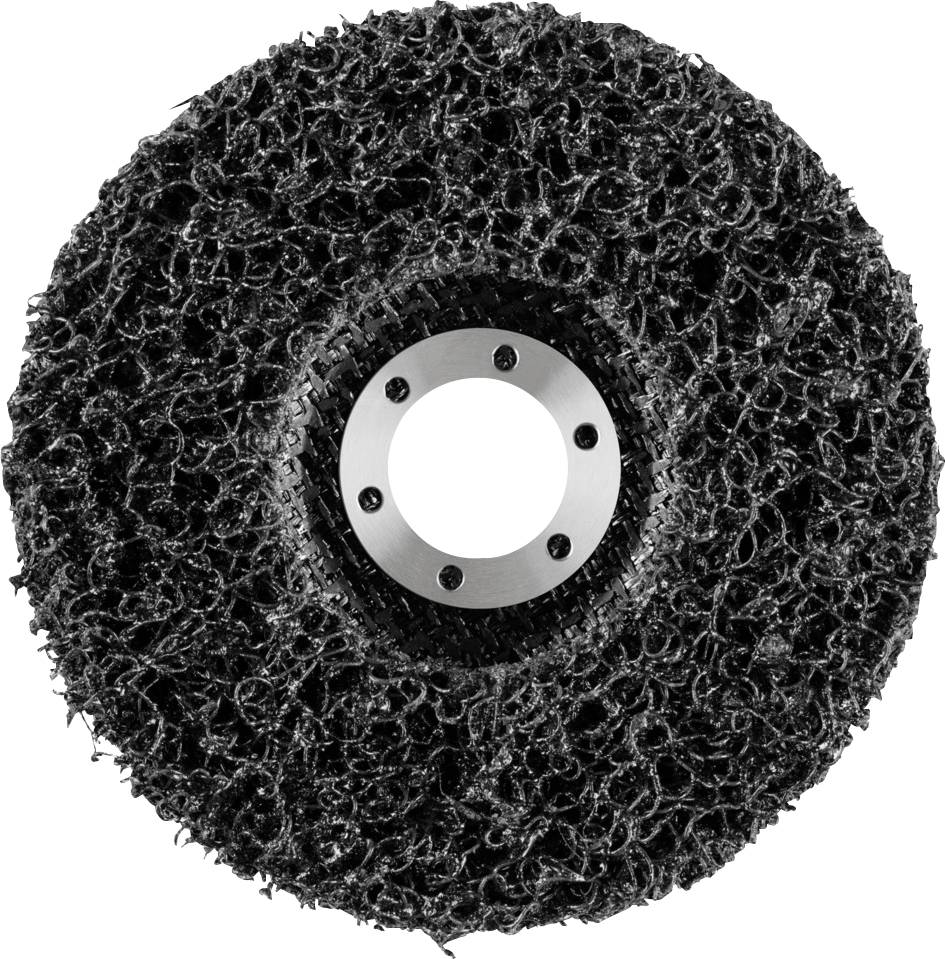 Okroglo brusilno kolo s grobo, gobasто strukturo. Ima centralno luknjo, obdano z luknjami za vijake.