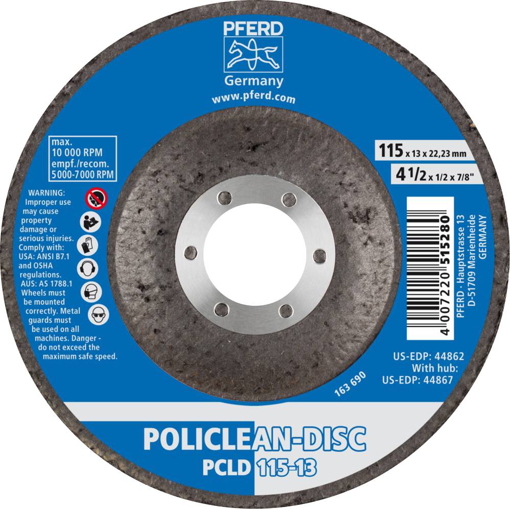 Brusilna plošča znamke PFERD, model POLICLEAN-DISC PCLD 115-13, primerna za 10.000 obratov/min, izdelano v Nemčiji.