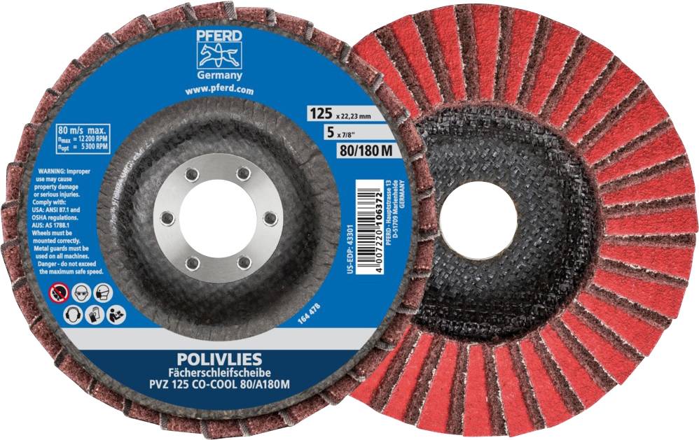 'Pferd Polivlies Fächerschleifscheibe' prikazuje sprednjo in zadnjo stran. Podrobnosti o velikosti: 125 mm, maks. 80 m/s, zrnatost: 80/180.