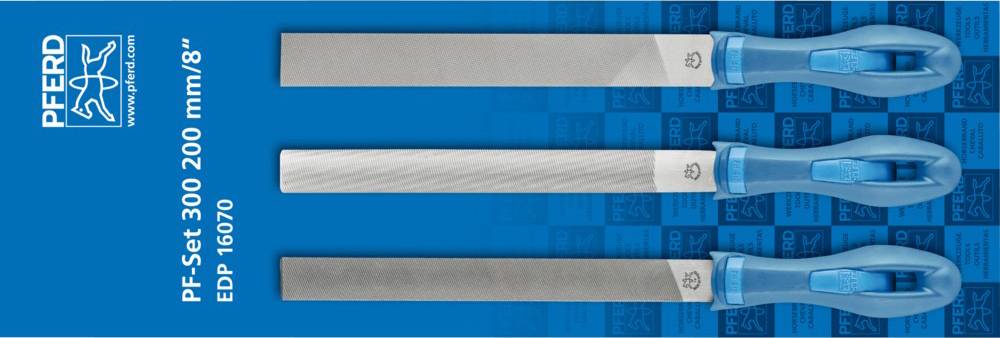 Tri kovinske pile z modrimi ročaji v embalaži. Napis: PF-set 300 200 mm/8", EDP 16070, logotip PFERD.