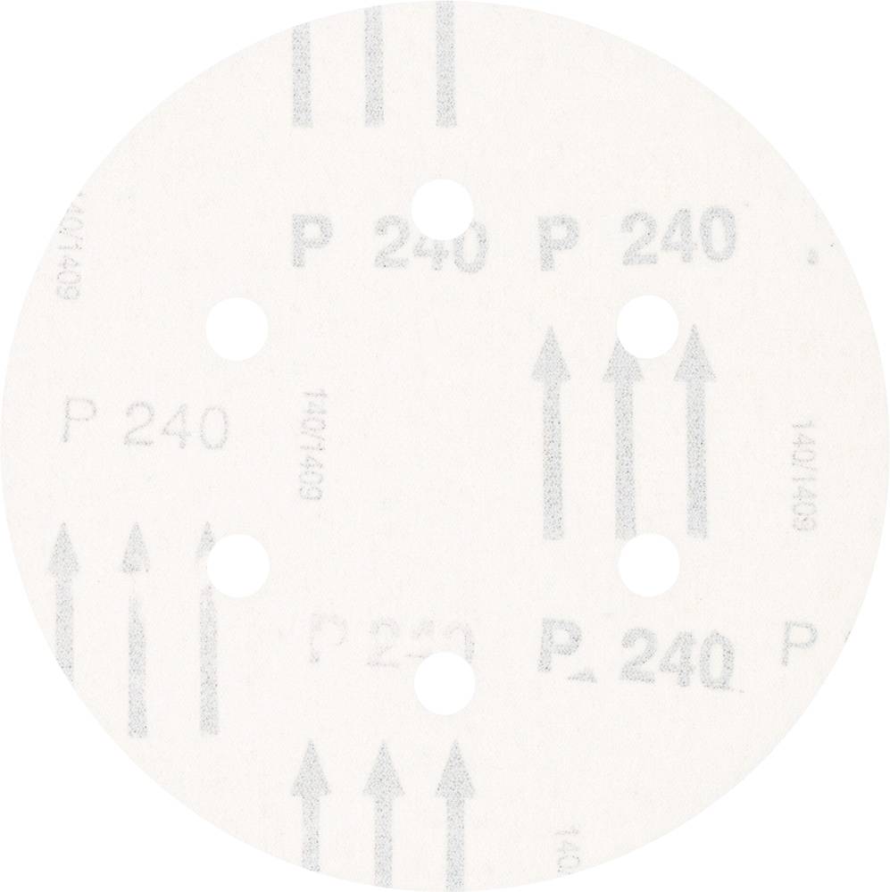 Belo brusilno papir z več luknjami prikazuje napis 'P 240'. Puščice nakazujejo smer brušenja.