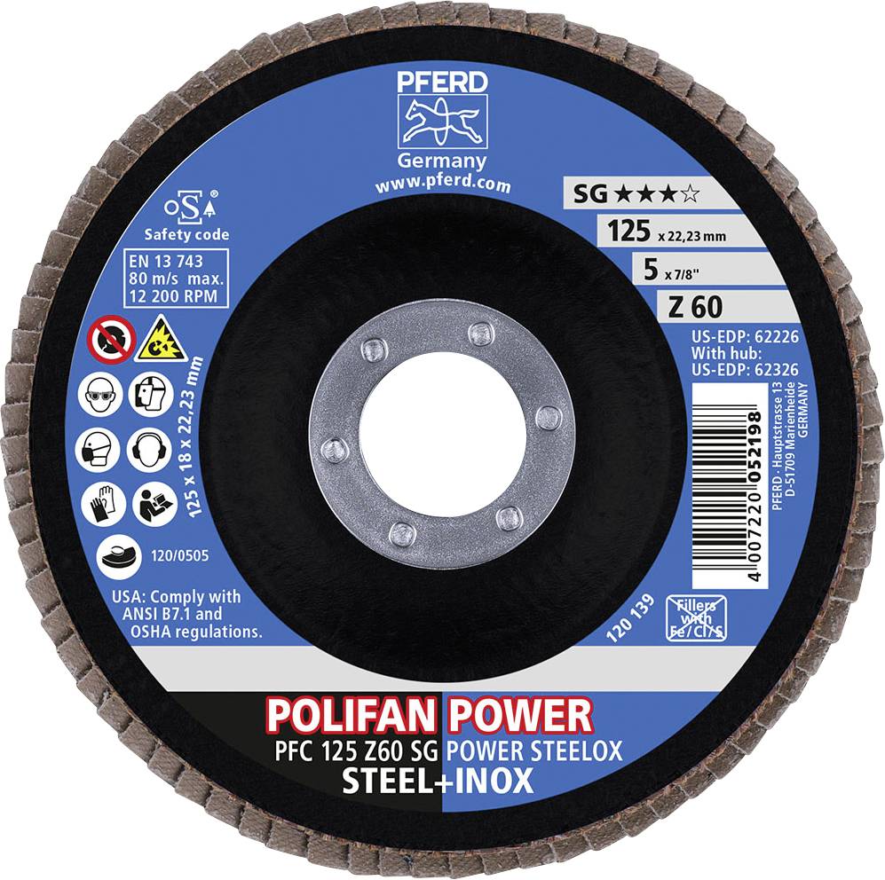 Brusilna plošča z napisom 'POLIFAN POWER', premer 125 mm, za jeklo in nerjavno jeklo, maksimalno 80 m/s, 12.200 obratov/min.