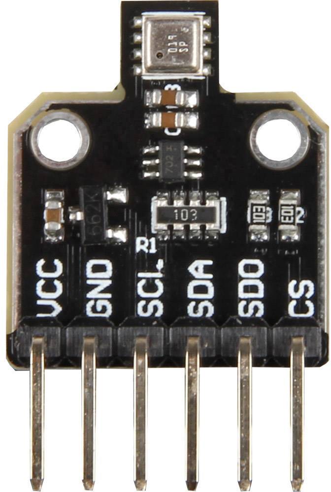 '6-pinski izhodni modul z oznakami: VCC, GND, SCL, SDA, SDO, CS. Narejen za elektronske povezave in integracijo senzorjev.'
