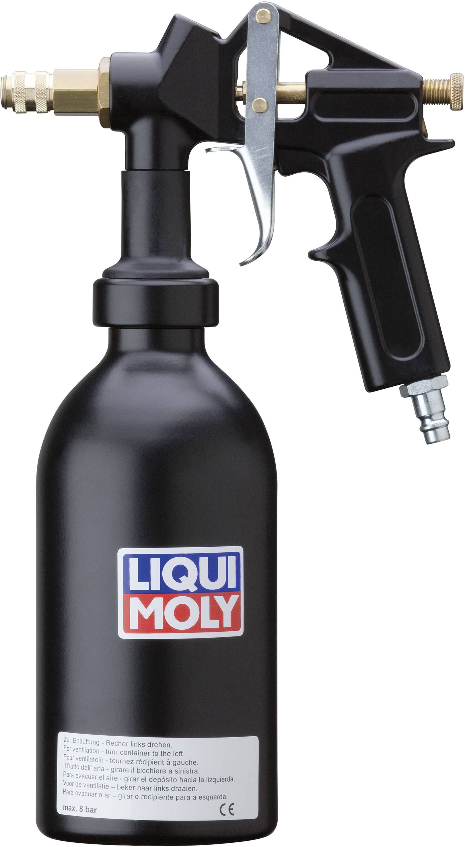 Črna sprejna steklenica z ročajem, nastavkom in logotipom 'Liqui Moly'. Namenjena je nanašanju tekočin na različne površine.