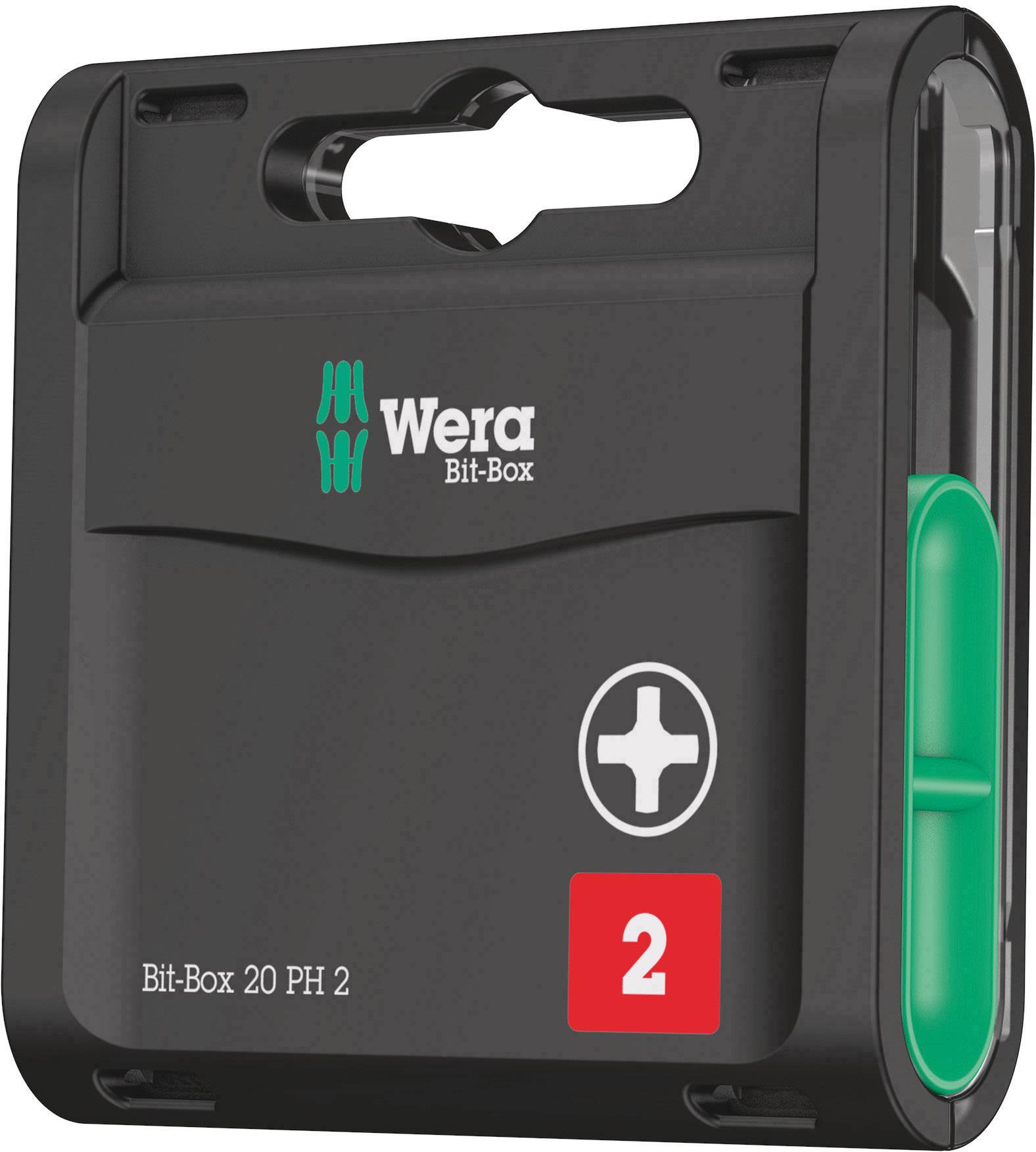 Črna škatla za nastavke Wera z zelenim logotipom, simbolom križnega nastavka, napisom 'Bit-Box 20 PH 2' in rdečim simbolom '2' spodaj desno.