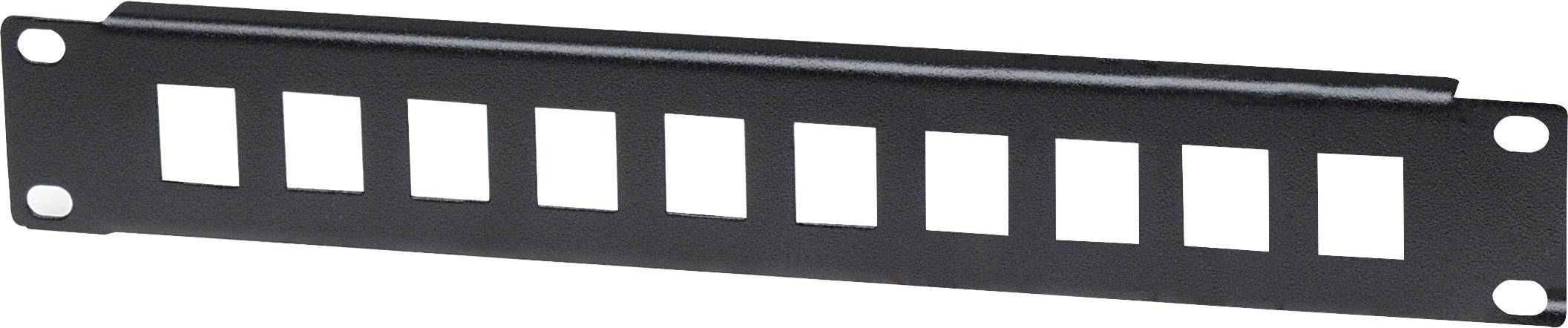 Črn patch panel z desetimi pravokotnimi odprtinami za namestitev omrežnih priključkov, primeren za montažo na strežniško omaro.