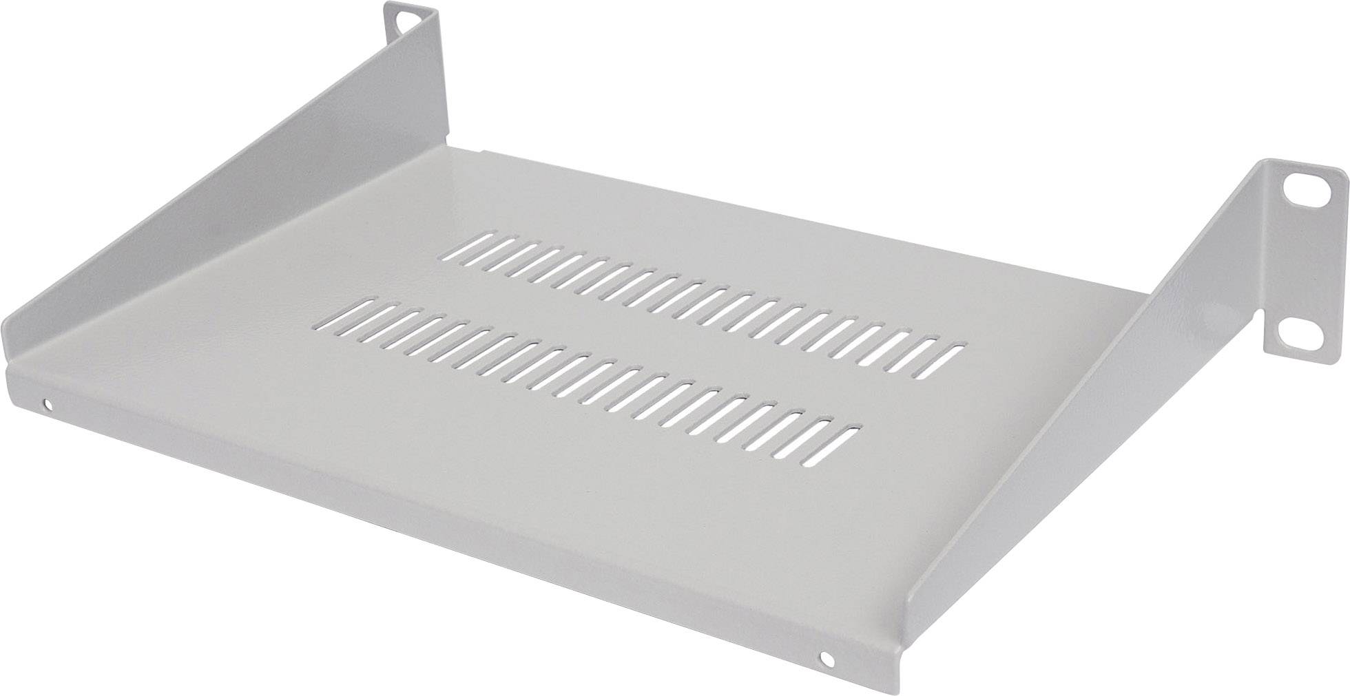 Siva kovinska polica z ventilacijskimi režami, primerna za namestitev v rack omaro.