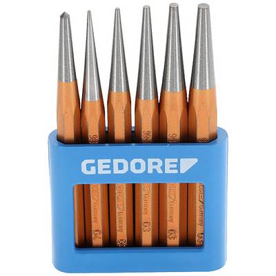 Komplet šestih oranžnih varnostnih stožcev v modrem držalu z napisom 'GEDORE'.