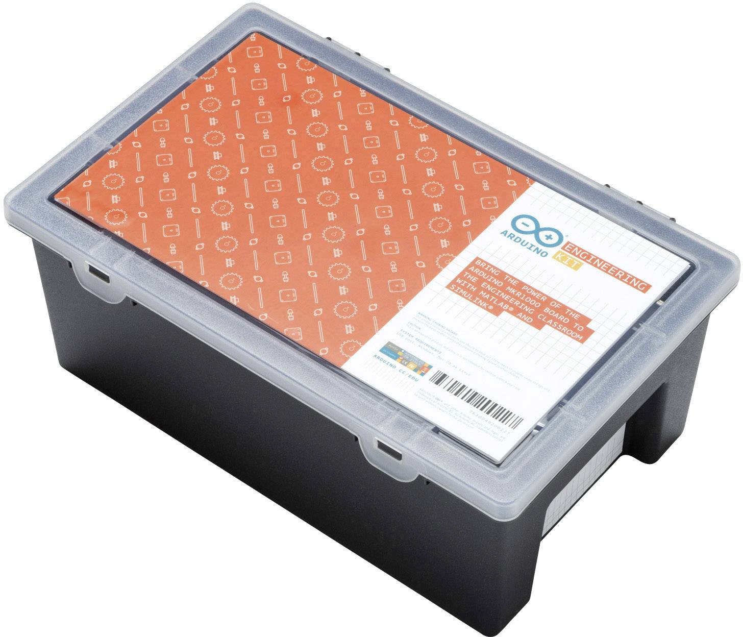 Prosojno škatlo z 'Arduino začetnim kompletom', ki vsebuje različne elektronske komponente.