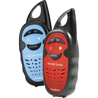 Dva walkie-talkieja znamke 'Tectalk Smile', eden v modri, drugi v rdeči barvi, z gumbi za izbiro kanala in PTT/radijsko funkcijo.