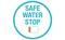Logotip 'Safe Water Stop' z ikono nizke baterije znotraj modrega kroga.