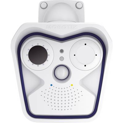 Bela nadzorna kamera z dvema velikima lečama in senzorjem gibanja, pritrjena na steno, izdelana s strani podjetja Mobotix.