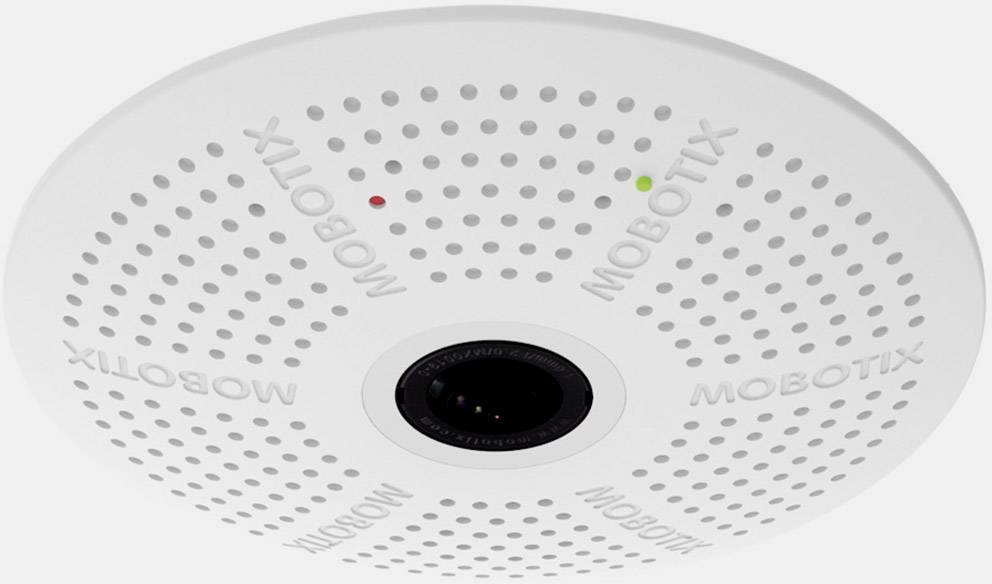 Okrogla nadzorna kamera podjetja Mobotix z LED indikatorji. Je bele barve z objektivom na sredini.