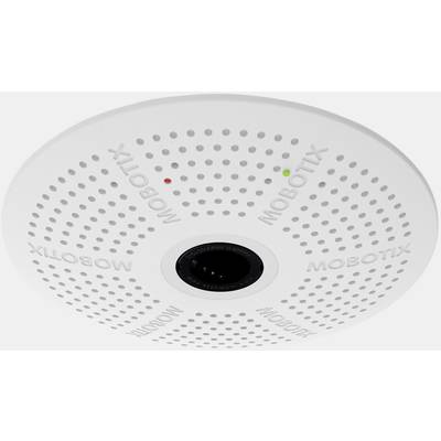 Okrogla nadzorna kamera podjetja Mobotix z LED indikatorji. Je bele barve z objektivom na sredini.