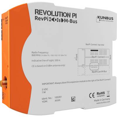Oranžno-bel modem z napisom 'REVOLUTION PI RevPi Connect M-Bus', ki prikazuje podatke o radijski frekvenci in navodila za namestitev.