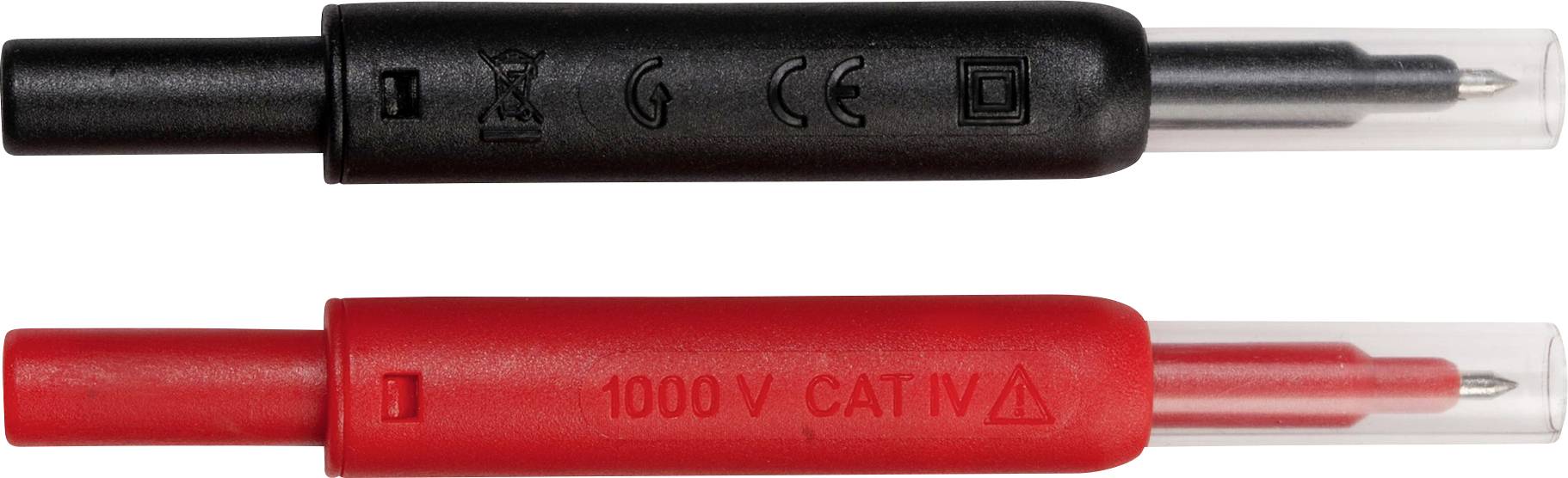 Črn in rdeč električni merilni konici. Rdeča nosi napis '1000 V CAT IV'.