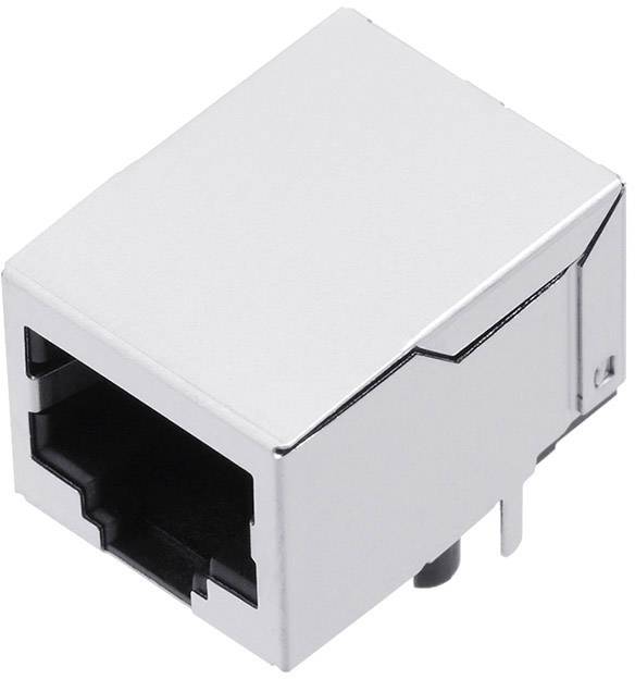Srebrn RJ45 omrežni adapter vtičnice, ki se uporablja za priključitev ethernetnih kablov v omrežnih napravah.