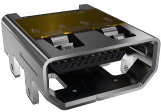 Bližnji posnetek kovinskega USB priključka s črnim plastičnim ohišjem. Vidna je sprednja stran s kontaktnimi površinami.