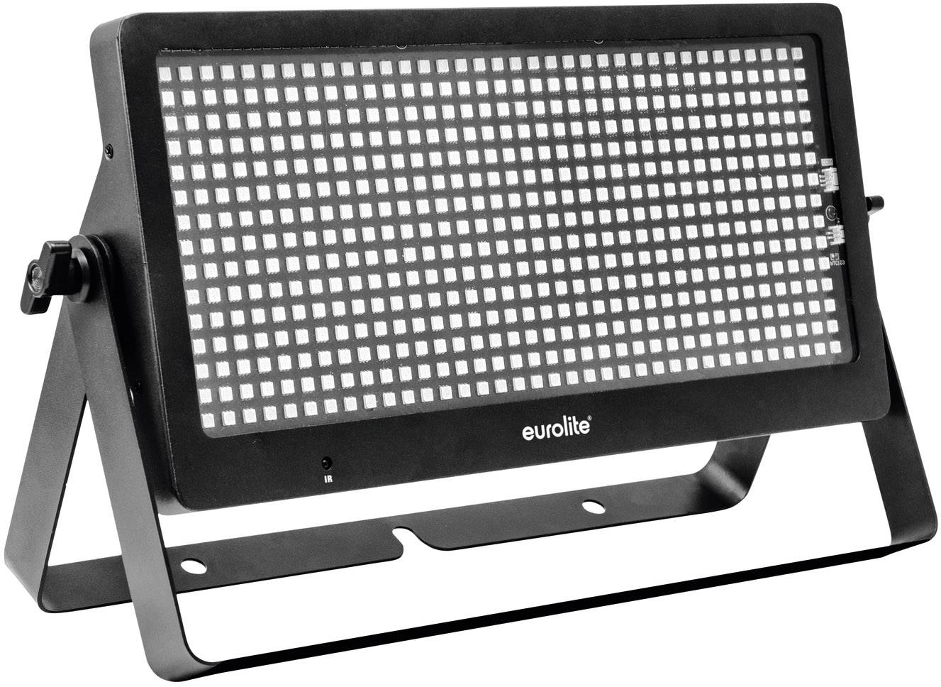 Črni LED reflektor znamke Eurolite na stojalu, primeren za odrsko in dogodkovno razsvetljavo.