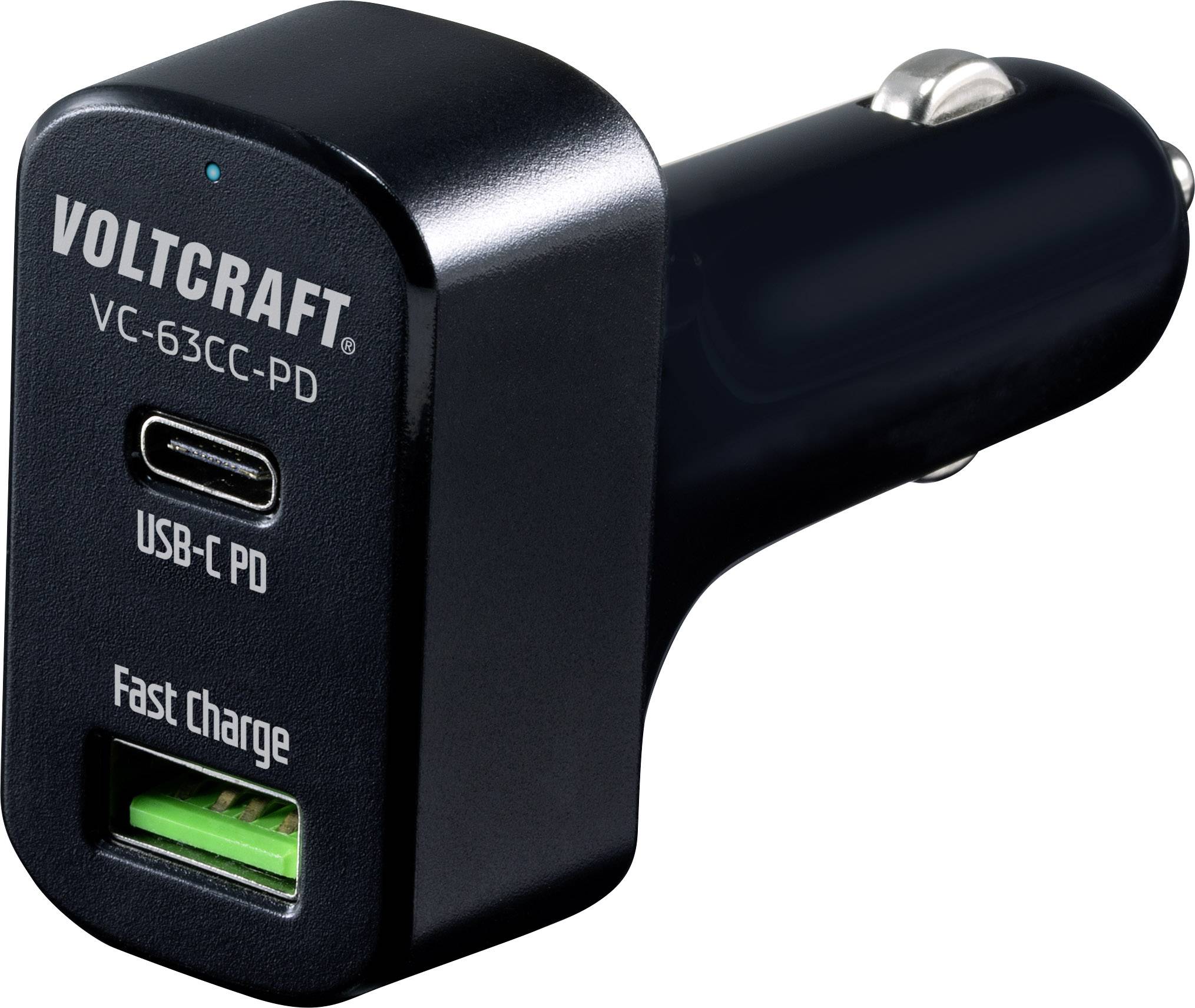 Črn avtomobilski polnilnik z dvema priključkoma: USB-C PD in USB-A. Napis 'Voltcraft VC-63CC-PD Fast Charge'.