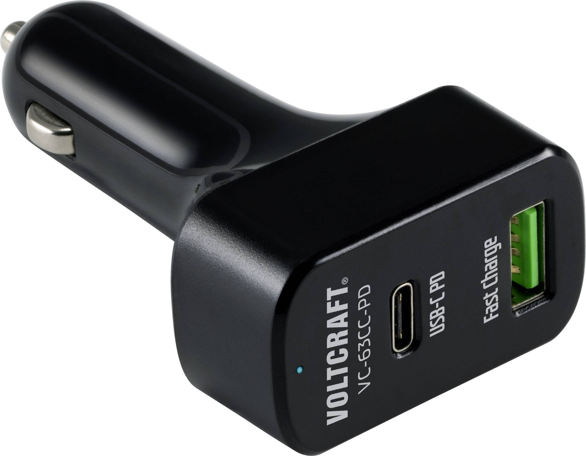 Črn avtomobilski polnilec z dvema priključkoma: USB-C PD in USB-A Quick Charge. Znamka: Voltcraft. Za hitro polnjenje v avtomobilu.
