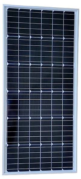 Solarni panel s pravokotnimi fotovoltaičnimi celicami v belem okvirju, pripravljen za pretvorbo sončne svetlobe v električno energijo.