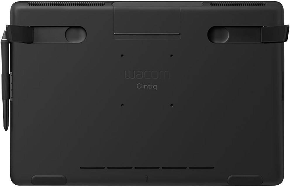 Zadnja stran grafične tablice Wacom Cintiq, črne barve, z nameščenimi nosilci in držalom za pero.