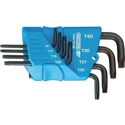 Nabor Gedore Torx kotnih ključev v različnih velikostih: T10, T15, T20, T25, T27, T30, T40. Orodja so v modrem držalu.