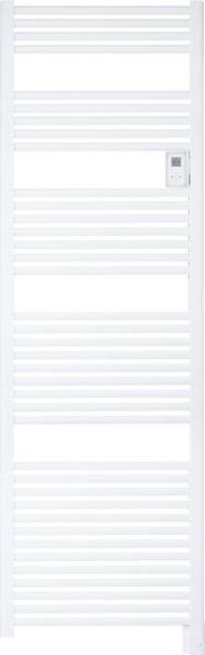 Bel radiator z horizontalnimi rebri in majhnim digitalnim zaslonom na desni strani. Idealen za kopalnice.
