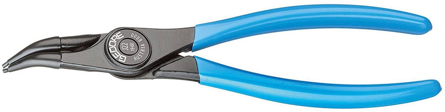 Modro-črne klešče za zunanjo varnostno sponko z ukrivljenimi čeljustmi in ergonomsko oblikovanimi ročaji, namenjene prijemanju in nameščanju vzmetnih obročkov.
