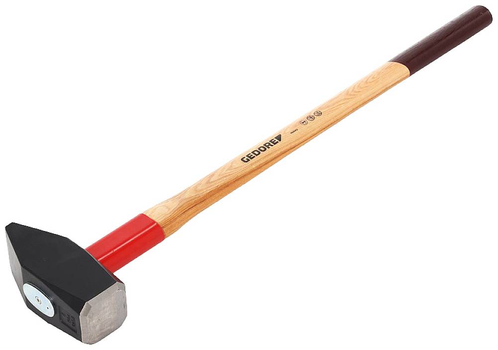 Velik udarni kladiv z rdečim in lesenim ročajem, z vgraviranim imenom blagovne znamke 'Gedore' na ročaju. Primeren za težka dela.