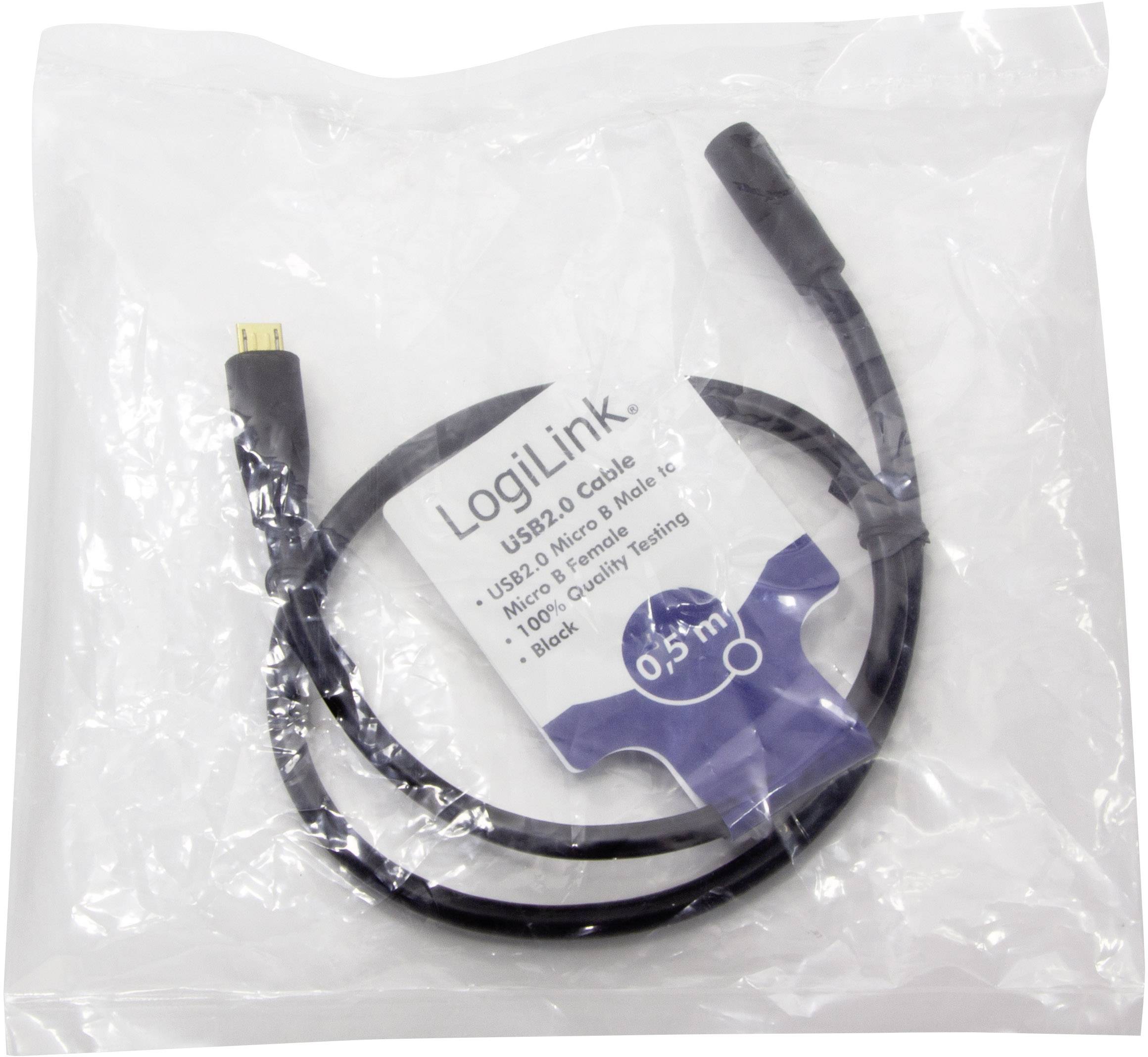 USB-2.0 kabel znamke LogiLink, dolžine 0,5 m, v originalni embalaži. Primeren za mikro-B-povezave, črne barve.