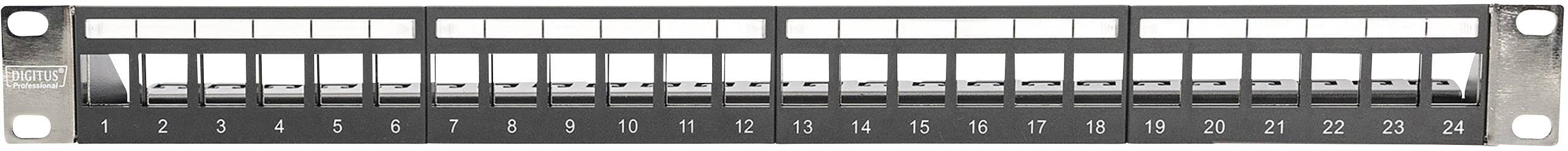Patch panel s 24 oštevilčenimi omrežnimi priključki v dveh vrstah.