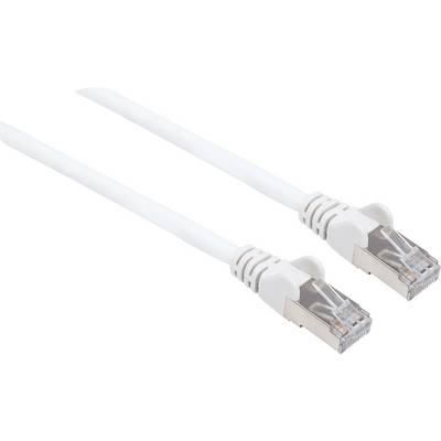 Bel eternet kabel z dvema RJ45 priključkoma, primeren za omrežne povezave.