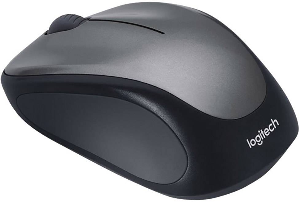 Brezžična miška Logitech, sive in črne barve, na beli podlagi.