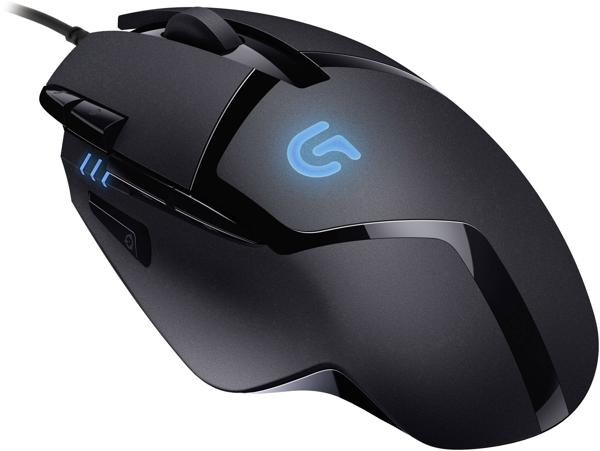 Črna gaming miška z večimi gumbi in svetlečim modrim logotipom zgoraj, pogled s strani.